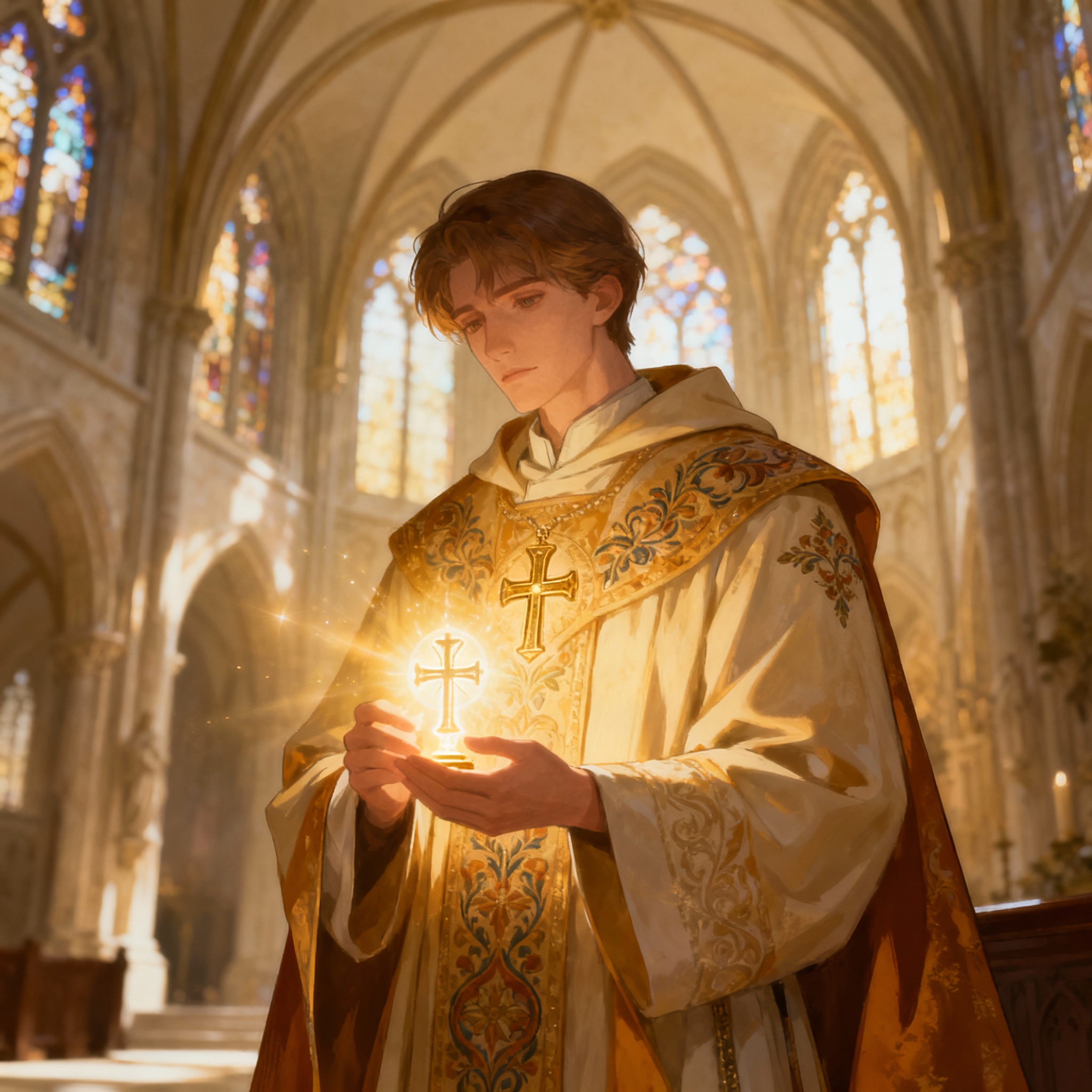 Cleric name generator - fantasy priest in golden robes with divine light for DnD 5e