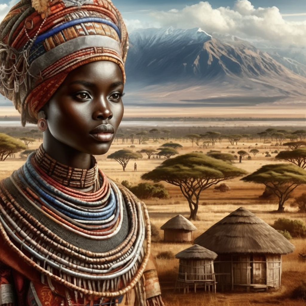 African woman wearing colorful tribal bead necklaces and traditional headwrap standing in savanna with Mount Kilimanjaro acacia trees and thatched huts - African name generator for fantasy RPG characters