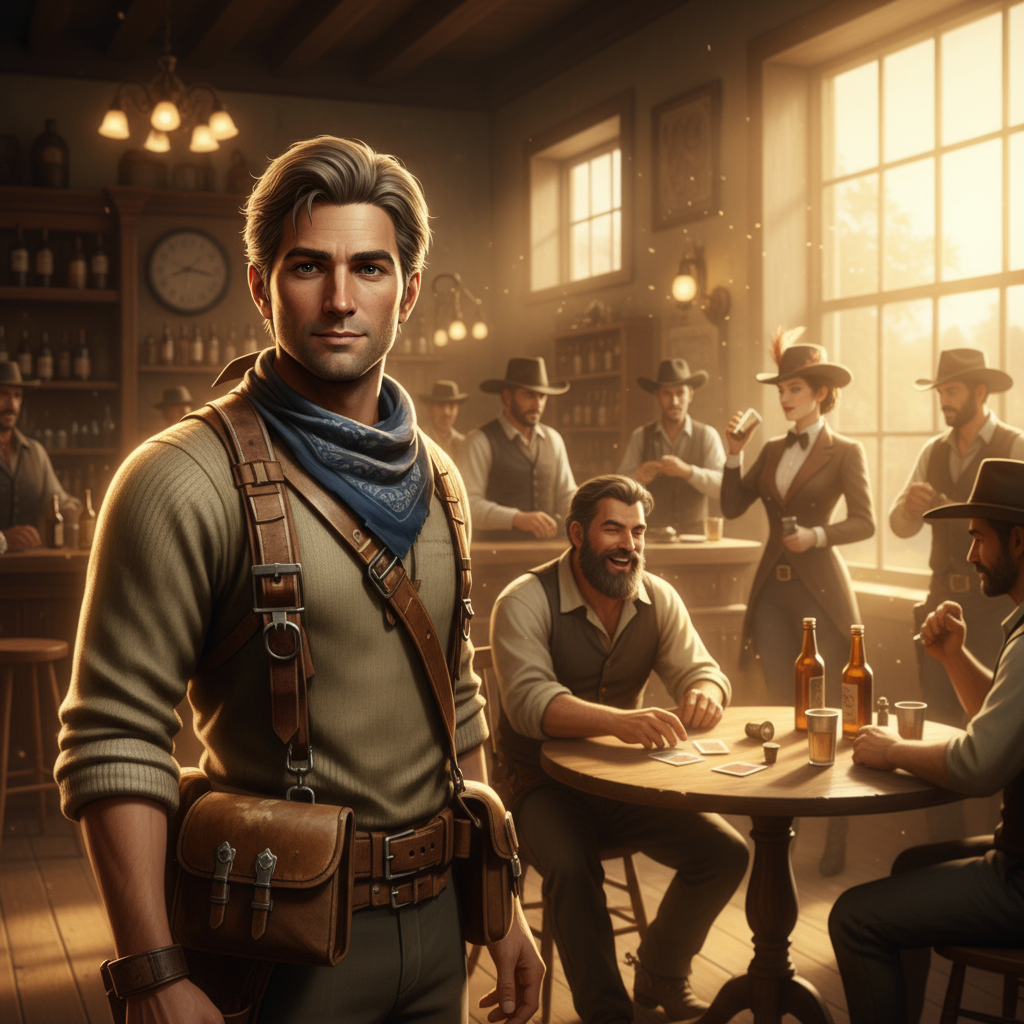 Friendly ally companion in western saloon wearing bandana and leather satchel with cowboys playing cards at tavern - Ally name generator for RPG NPCs and sidekick characters