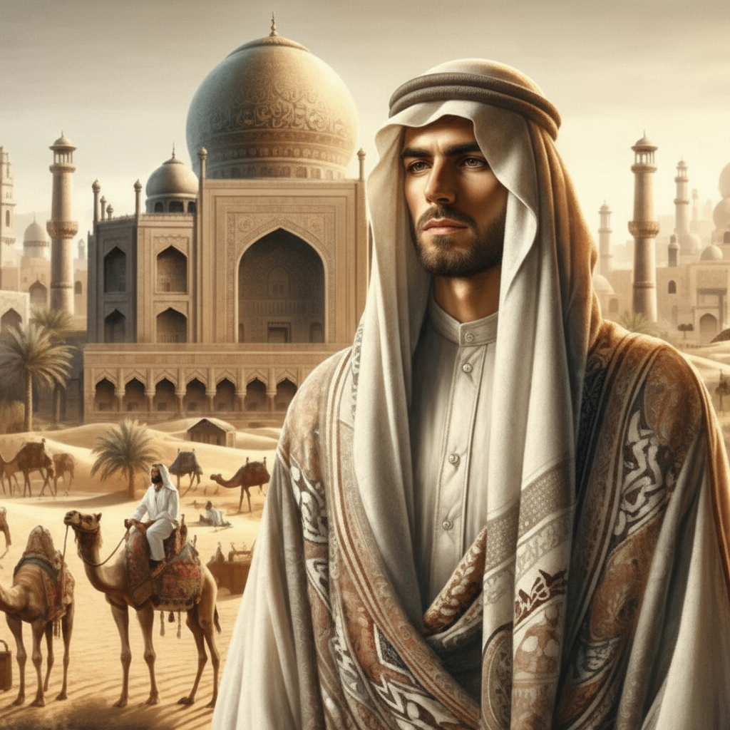 Arab man wearing traditional keffiyeh headdress and bisht cloak standing in desert with Islamic mosque dome minarets and camels - Arabic name generator for fantasy RPG characters