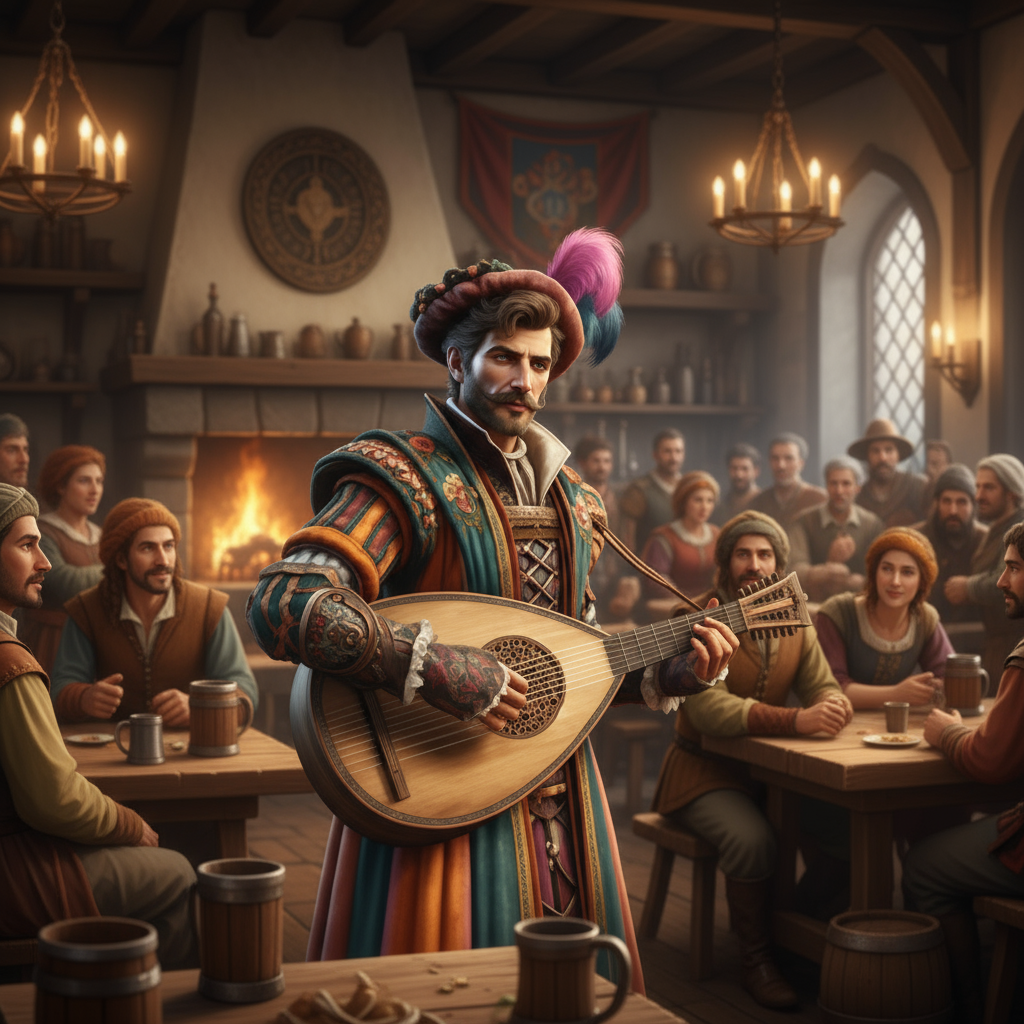 Charismatic bard in colorful Renaissance attire playing lute for tavern crowd by fireplace - DnD bard name generator inspiration