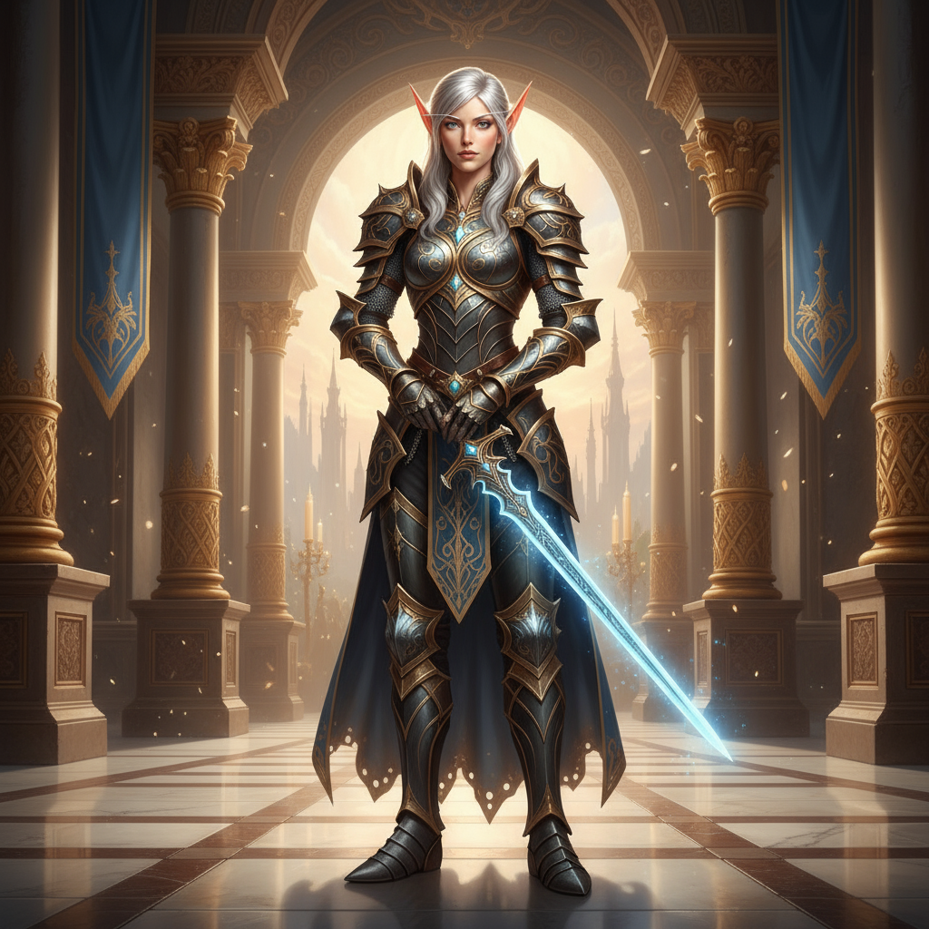 Blood elf name generator - noble blood elf warrior with silver hair, ornate dark armor, glowing magic sword in grand palace for WoW DnD RPG