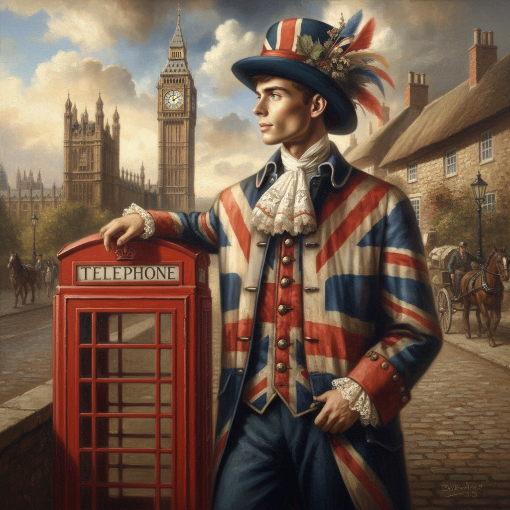 British gentleman wearing Union Jack coat and top hat standing beside red telephone box with Big Ben and Westminster Palace in Victorian London - British name generator for fantasy RPG characters