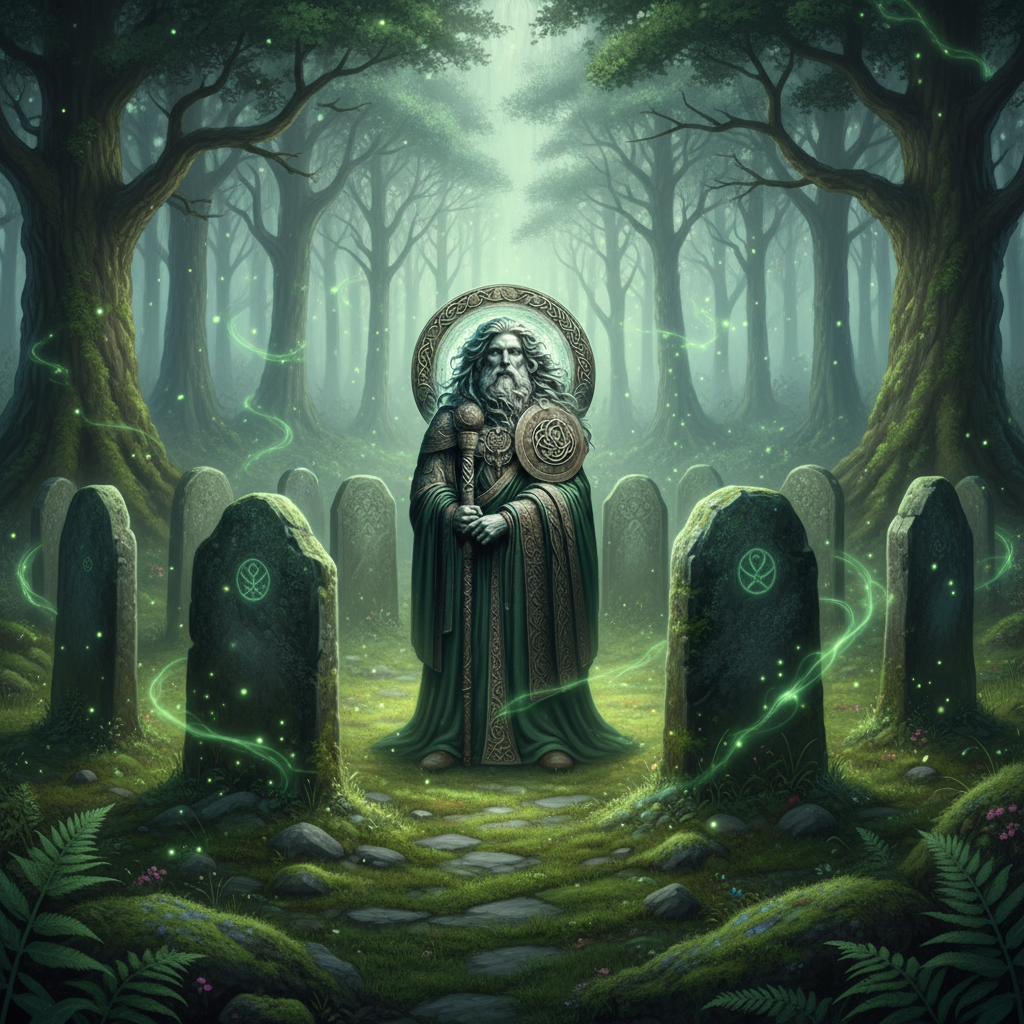 Celtic god name generator - ancient druid deity with celtic knotwork halo green robes holding staff and shield in mystical oak forest with standing stones and magical green energy for mythology fantasy RPG