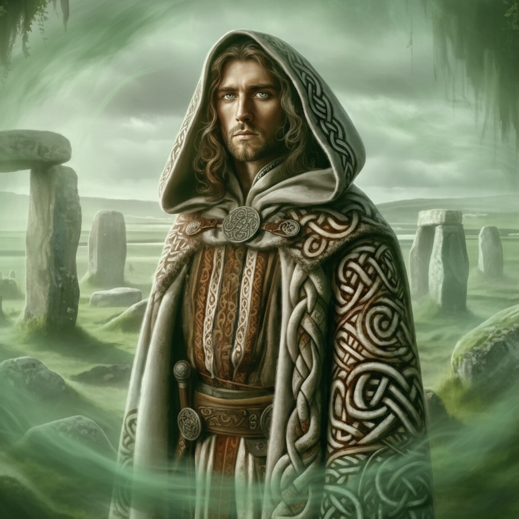 Celtic druid in hooded cloak with knotwork patterns standing at ancient stone circle in misty hills - Celtic name generator inspiration