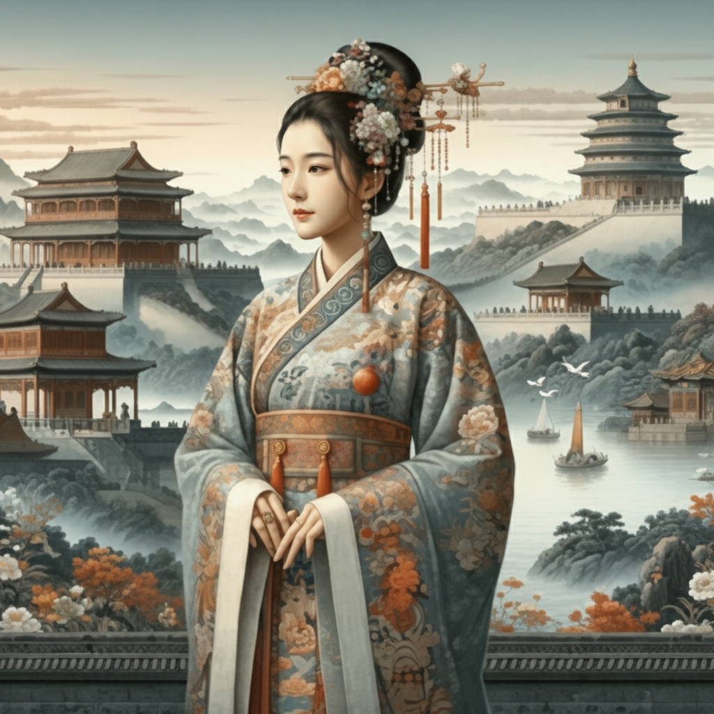 Chinese woman wearing traditional hanfu dress with floral hairpin ornaments standing near pagoda temples and Great Wall with misty mountains - Chinese name generator for fantasy RPG characters