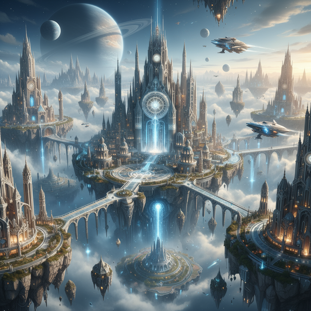 Magnificent floating sky city with towering crystal spires, arcane bridges, flying airships, and ringed planets above clouds - City name generator for DnD and sci-fi fantasy
