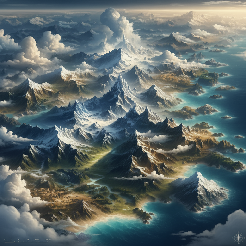 Fantasy planet from space with continents, towering mountains, glowing cities, orbiting moons, and colorful nebula - World name generator for sci-fi and fantasy RPG