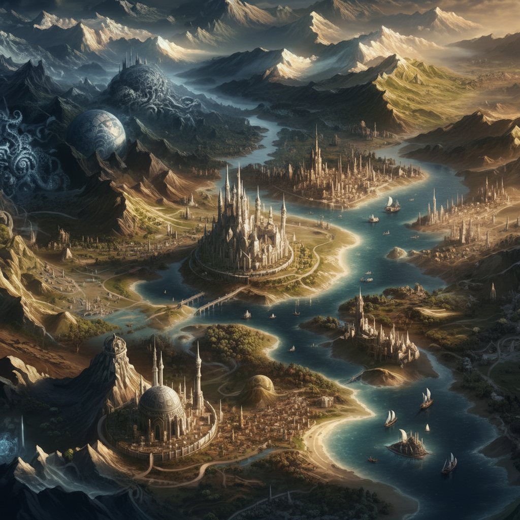 Epic fantasy realm aerial map view with multiple kingdoms, winding rivers, snow-capped mountains, grand castles, and sailing ships - Country name generator for world building