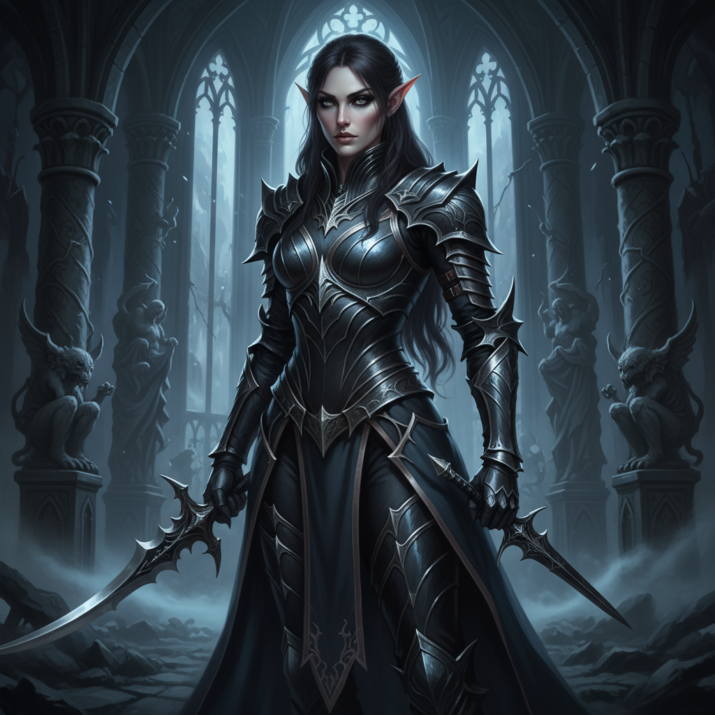 Dark elf name generator - drow warrior with black armor, dual curved blades, long dark hair in gothic cathedral with gargoyles for DnD RPG