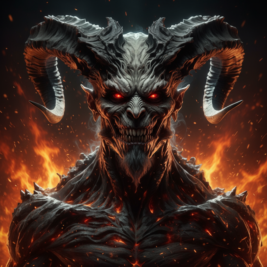 Demon name generator - terrifying demon with curved horns, glowing red eyes, sharp fangs, cracked lava skin surrounded by hellfire for DnD fantasy RPG