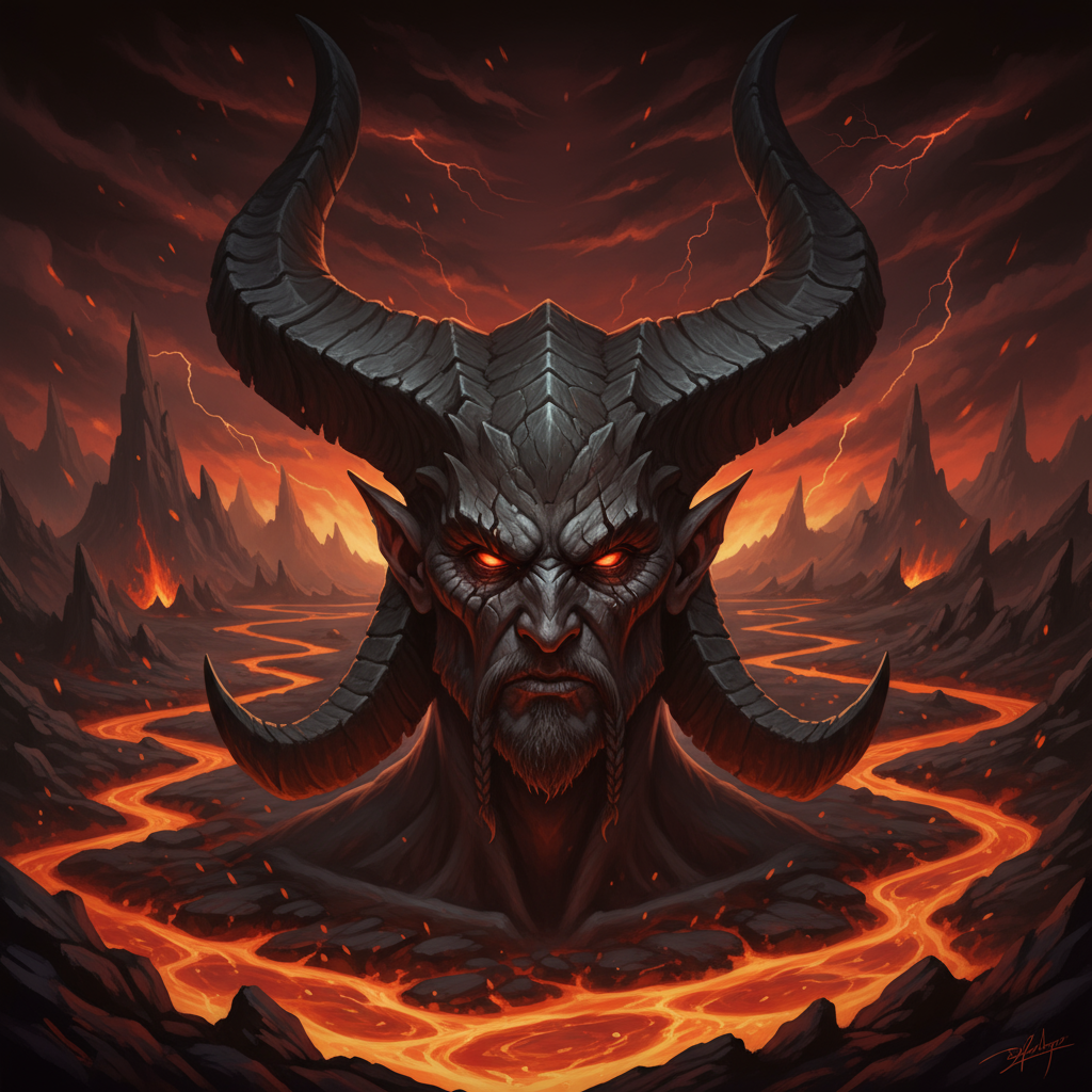 Devil name generator - menacing devil with massive curved horns, glowing red eyes, stone skin in fiery hell landscape with lava rivers for DnD RPG