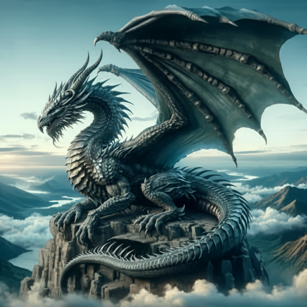 Dragon name generator - majestic silver dragon with large wings, horned head, scaled body perched on mountain peak above clouds for DnD fantasy RPG