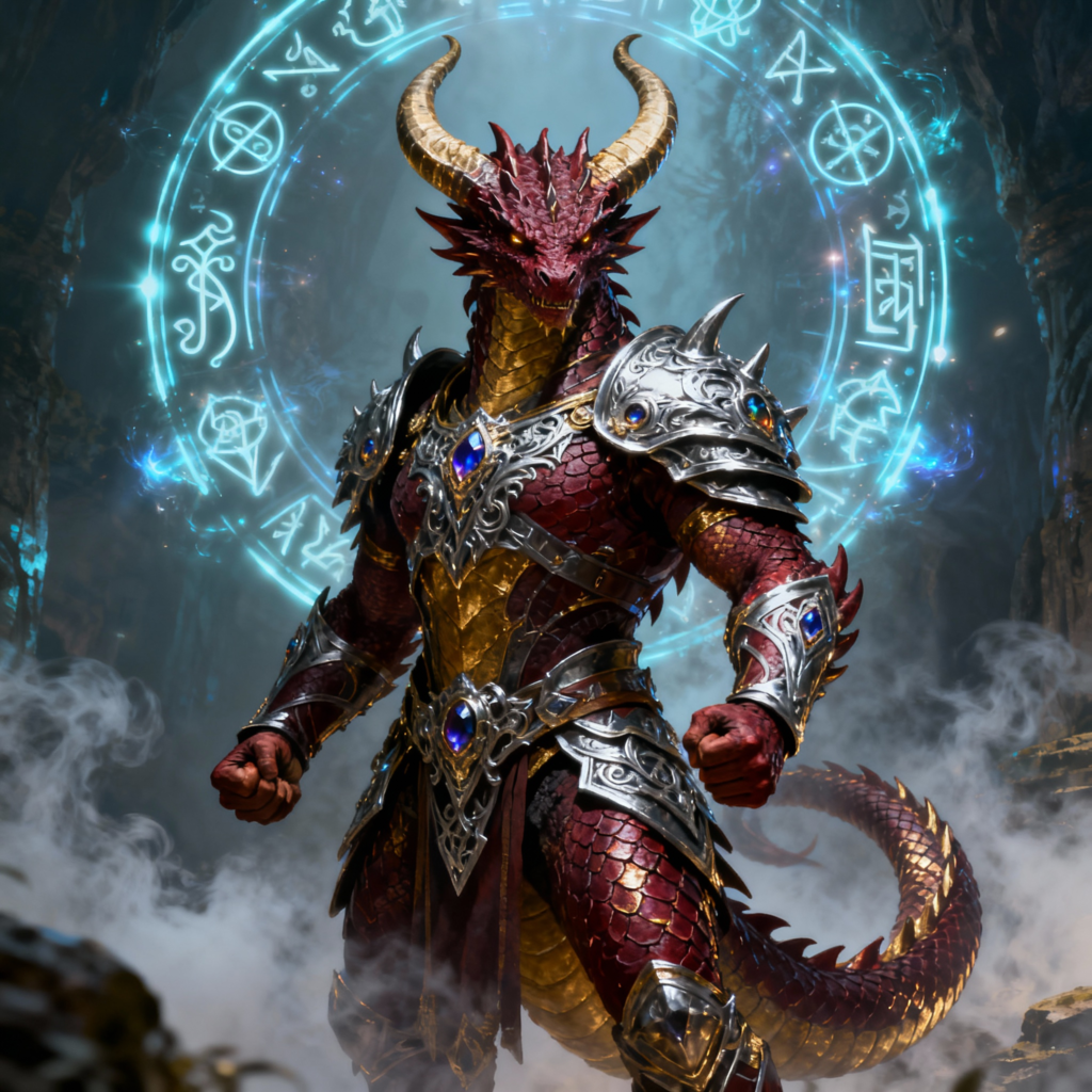 Red dragonborn warrior with golden horns and scales wearing ornate silver armor with glowing arcane rune circle - Dragonborn name generator for DnD and fantasy RPG