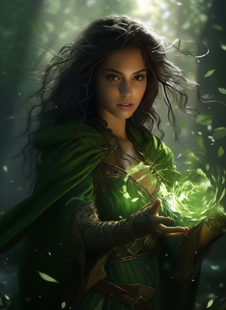 Female druid with flowing dark hair channeling green nature magic in mystical forest - DnD druid name generator inspiration