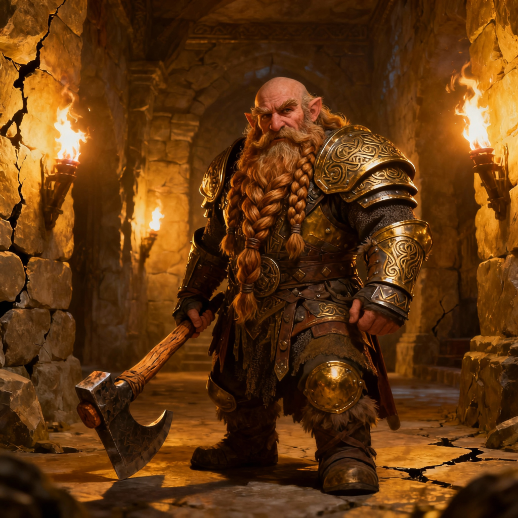 Bald dwarf warrior with long braided ginger beard holding battle axe in gold Celtic armor in torchlit stone hall - Dwarf name generator for DnD and fantasy RPG