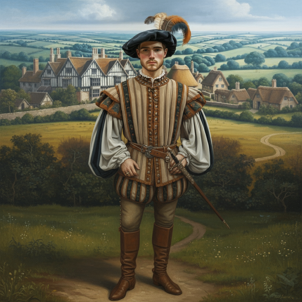 Tudor nobleman in feathered cap and striped doublet standing in English countryside with manor house - English name generator inspiration