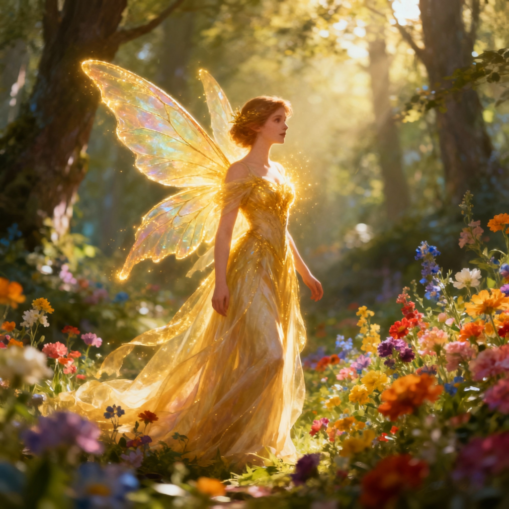 Ethereal fairy with iridescent golden wings wearing shimmering gown in sunlit flower garden with magical sparkles - Fairy name generator for fantasy and Celtic mythology