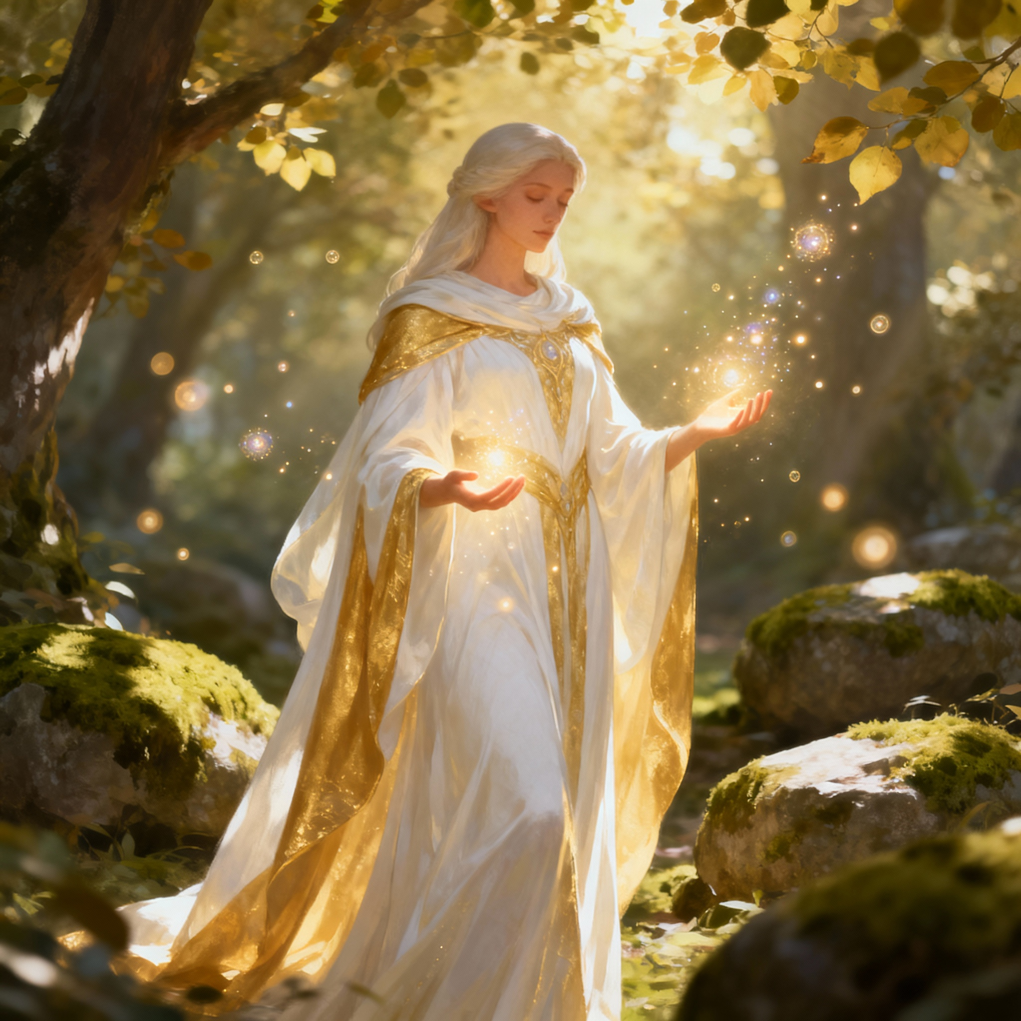 Female healer in white and gold robes channeling radiant light magic in enchanted forest - fantasy healer name generator inspiration