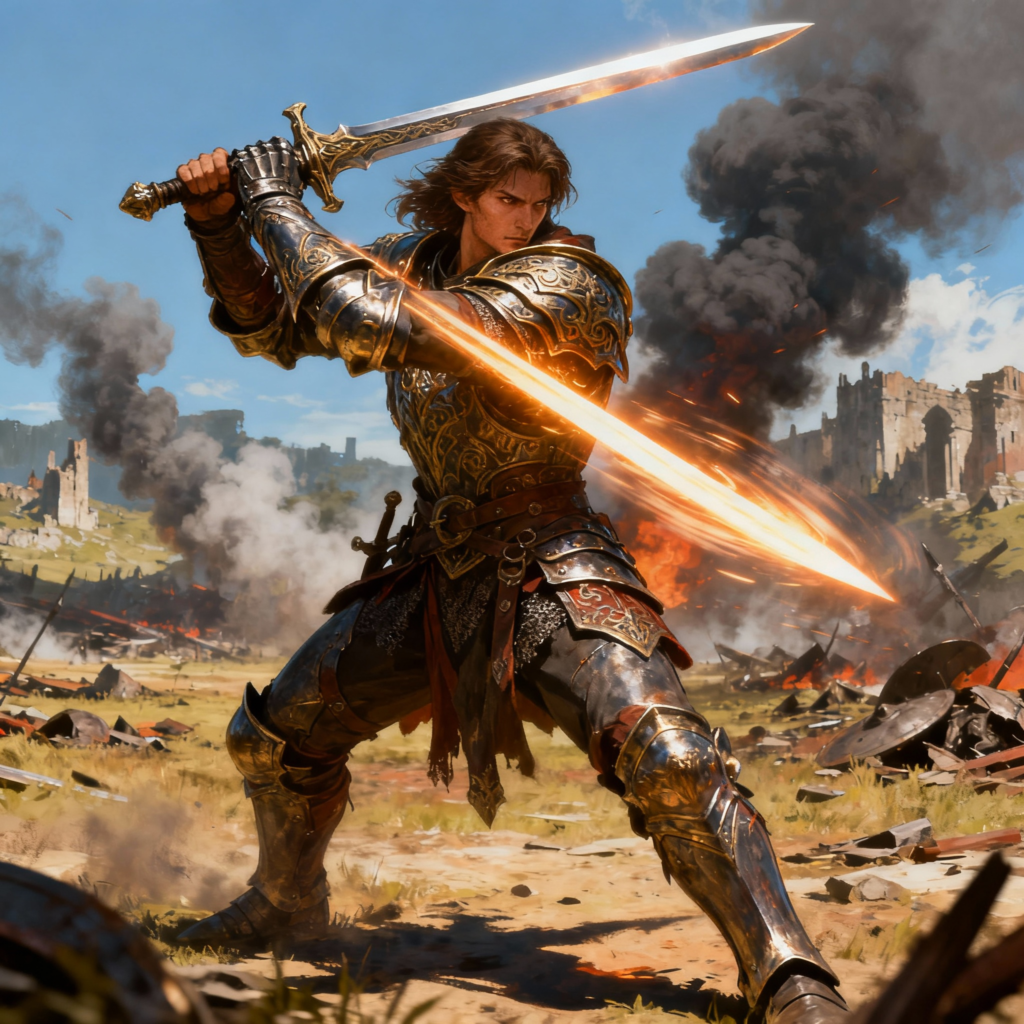 Armored fighter wielding flaming greatsword on war-torn battlefield with burning ruins - DnD fighter name generator inspiration