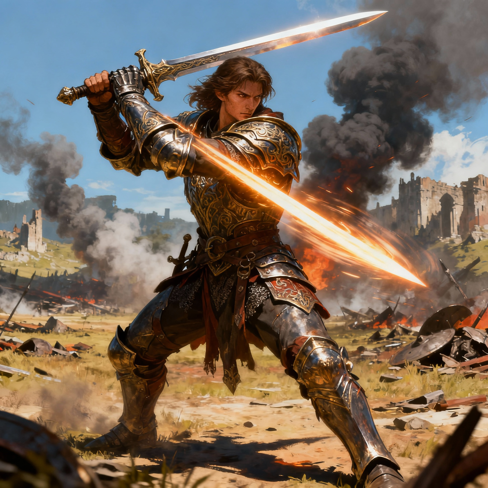 Armored fighter wielding flaming greatsword on war-torn battlefield with burning ruins - DnD fighter name generator inspiration
