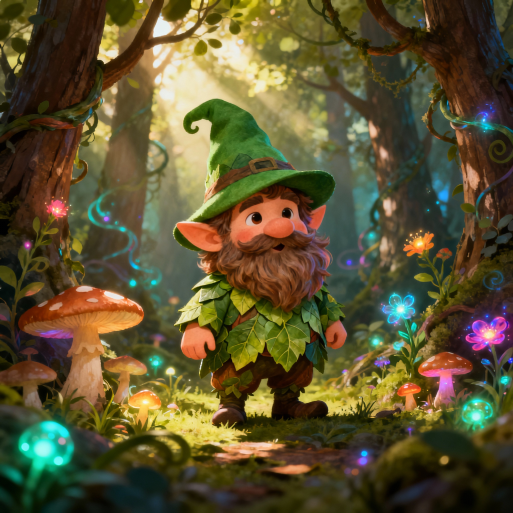 Adorable forest gnome with brown beard wearing green leaf clothes and pointed hat in enchanted woodland with glowing mushrooms and fairy lights - Forest gnome name generator for DnD