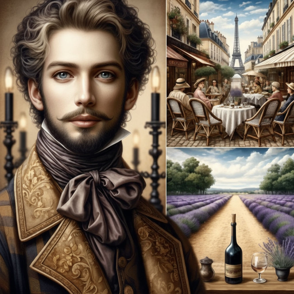 French nobleman in elegant Victorian attire with cravat alongside Paris cafe with Eiffel Tower and Provence lavender fields with wine - French name generator for fantasy RPG characters