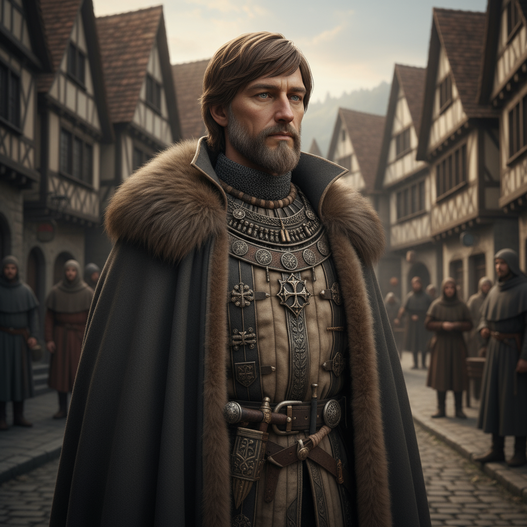 Medieval German nobleman in fur-trimmed cloak standing in Bavarian town with half-timbered houses - German name generator inspiration