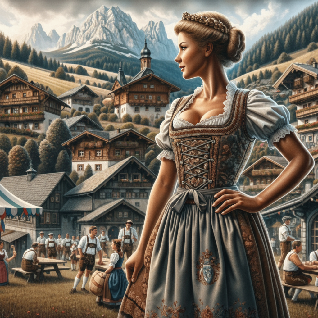 German woman wearing traditional dirndl dress with embroidered bodice and apron in Bavarian alpine village with timber houses and Alps mountains - German name generator for fantasy RPG characters