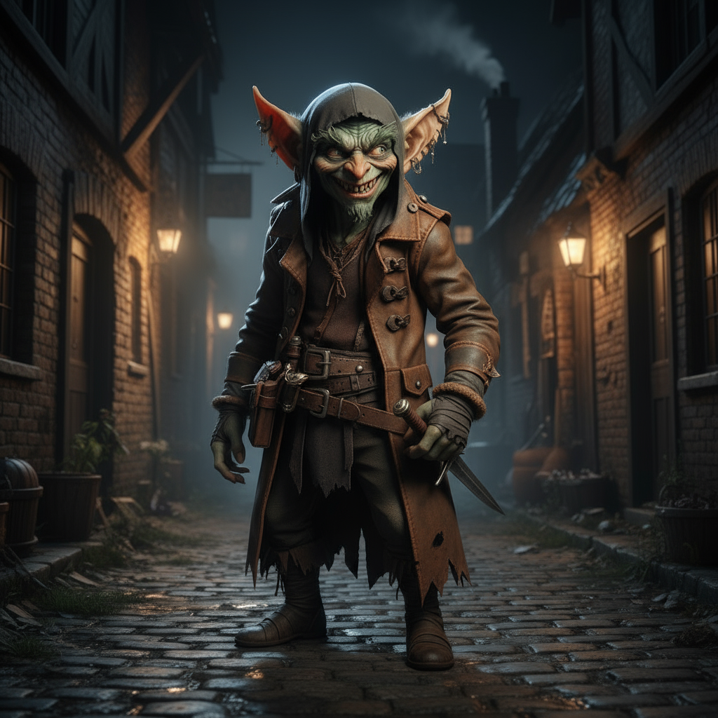 Sneaky green-skinned goblin rogue with large pointed ears and mischievous grin holding dagger in dark cobblestone alley - Goblin name generator for DnD and fantasy RPG
