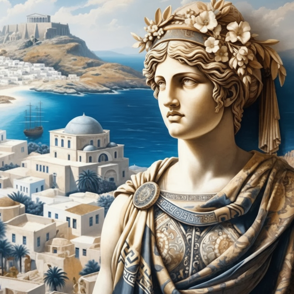Greek goddess marble statue wearing laurel wreath and chiton with Greek meander pattern overlooking Santorini white buildings Acropolis and Aegean Sea - Greek name generator for fantasy RPG characters