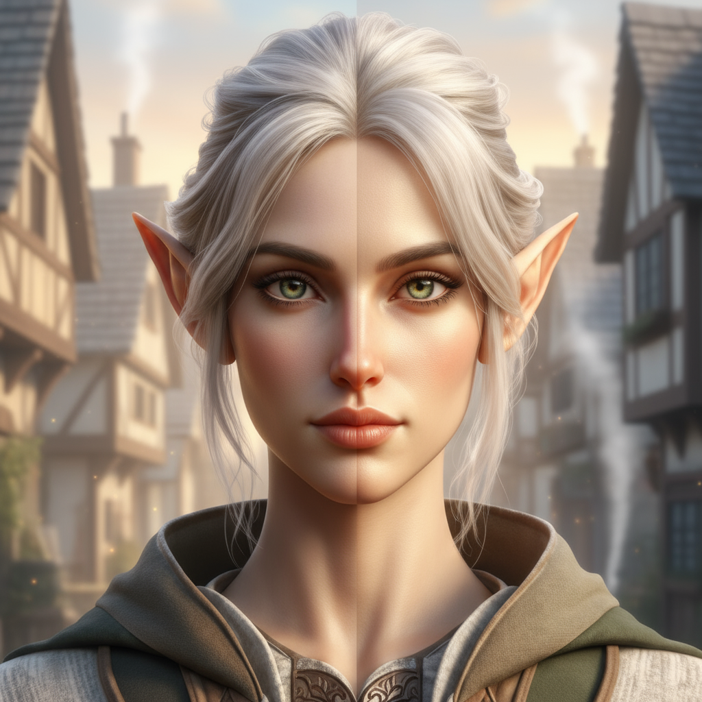Half-elf name generator - half-elf with silver hair, green eyes, pointed ears, human and elven features in medieval fantasy village for DnD RPG
