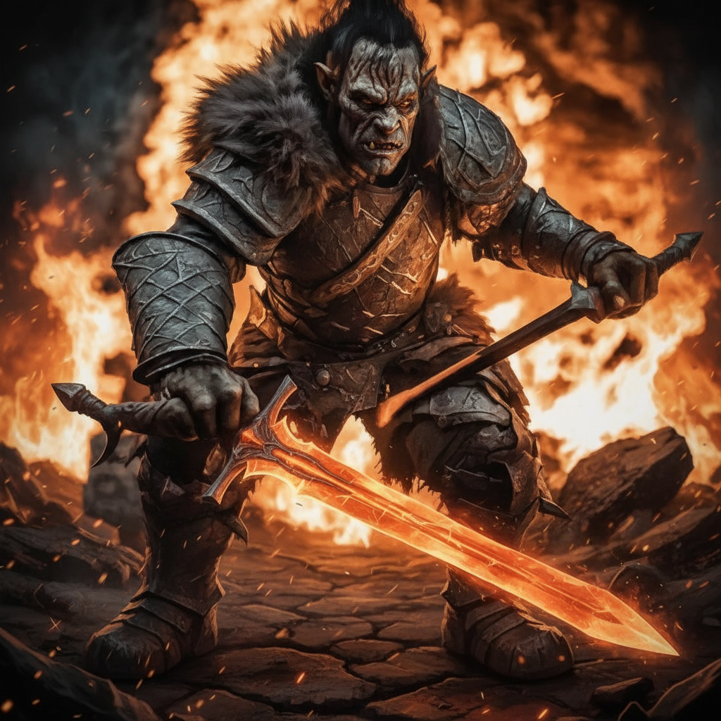 Fierce half-orc warrior with tusks and grey skin wielding flaming sword in heavy armor on fiery battlefield - Half-orc name generator for DnD and fantasy RPG