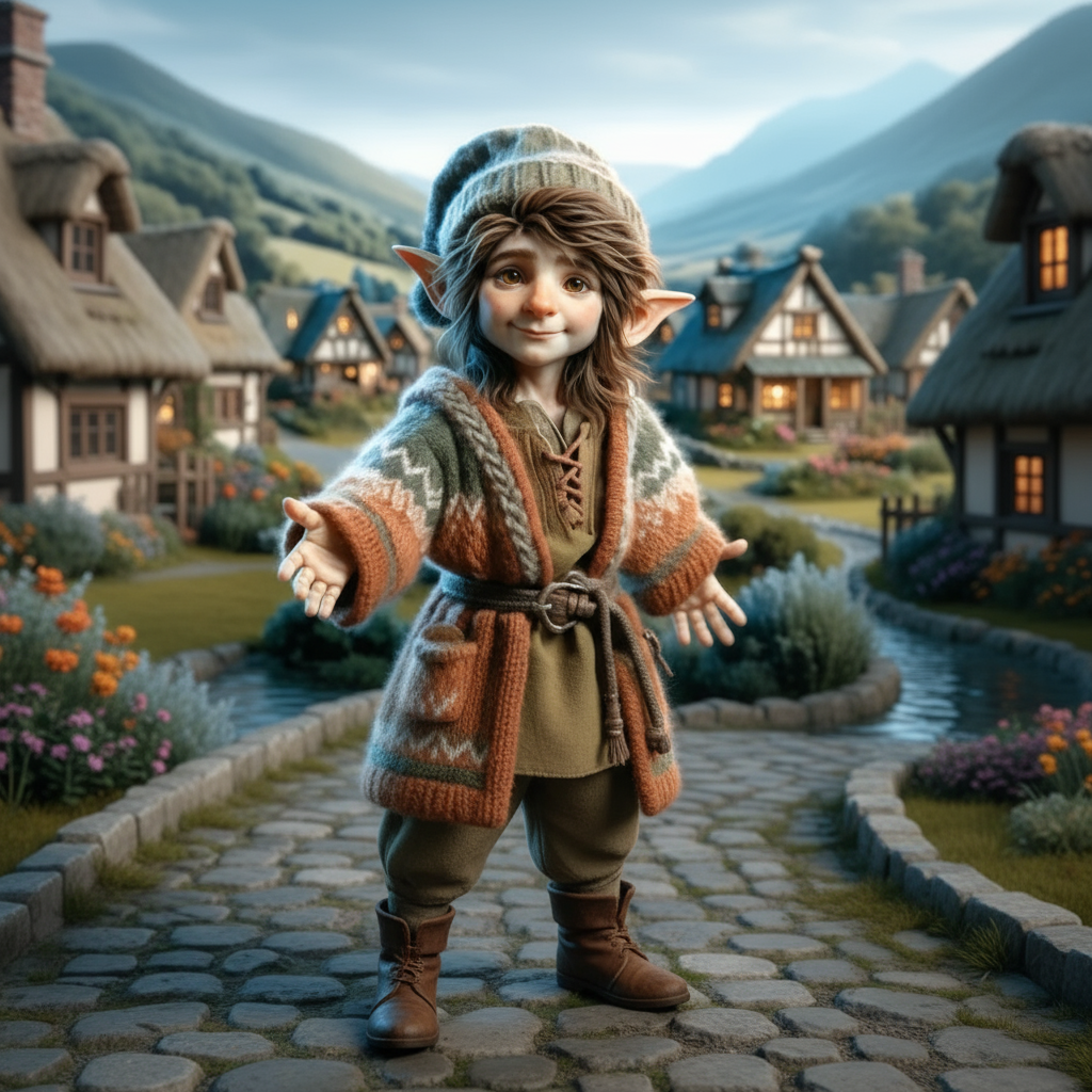 Cheerful halfling with pointed ears wearing cozy knit sweater and cap in idyllic Shire-style village with thatched cottages and flowers - Halfling name generator for DnD