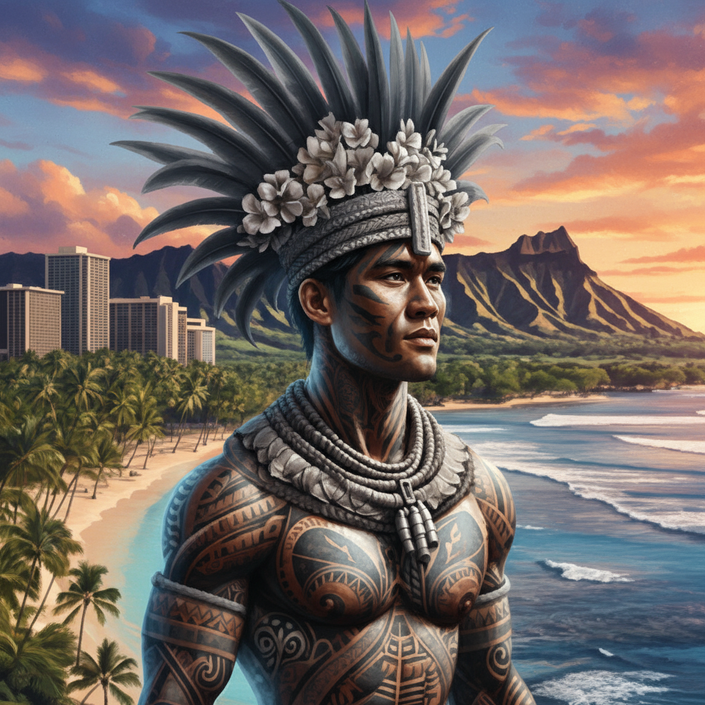 Hawaiian warrior with traditional Polynesian tribal tattoos wearing feather headdress and lei with Diamond Head crater Waikiki beach palm trees and sunset - Hawaiian name generator for fantasy RPG characters
