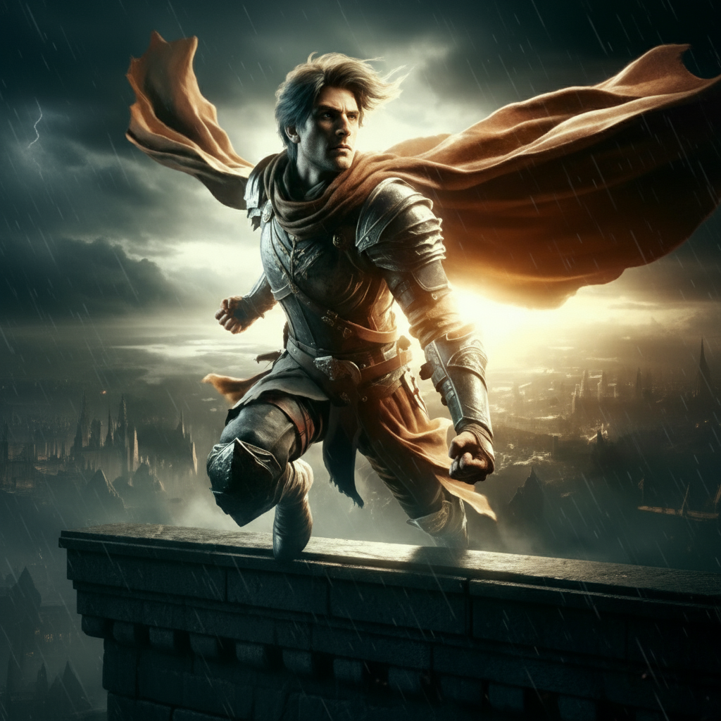 Fantasy hero warrior in armor with flowing cape running on rooftop during lightning storm over medieval city - Hero name generator for RPG and DnD characters