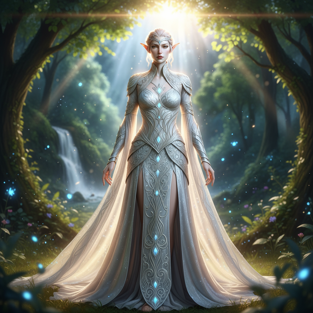 High elf name generator - ethereal high elf with silver hair, elegant white gown with blue crystals in magical forest with waterfall for DnD RPG