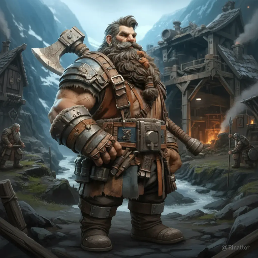Stout hill dwarf warrior with braided grey beard holding battle axe in mountain forge village with blacksmith and fellow dwarves - Hill dwarf name generator for DnD and fantasy RPG
