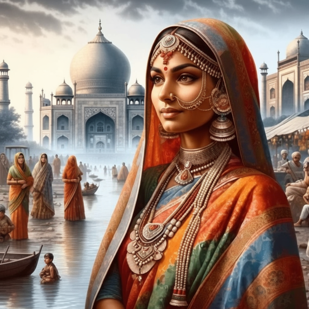 Indian woman wearing colorful saree with traditional maang tikka jewelry and bindi near Taj Mahal with Ganges river ghats - Hindi name generator for fantasy RPG characters