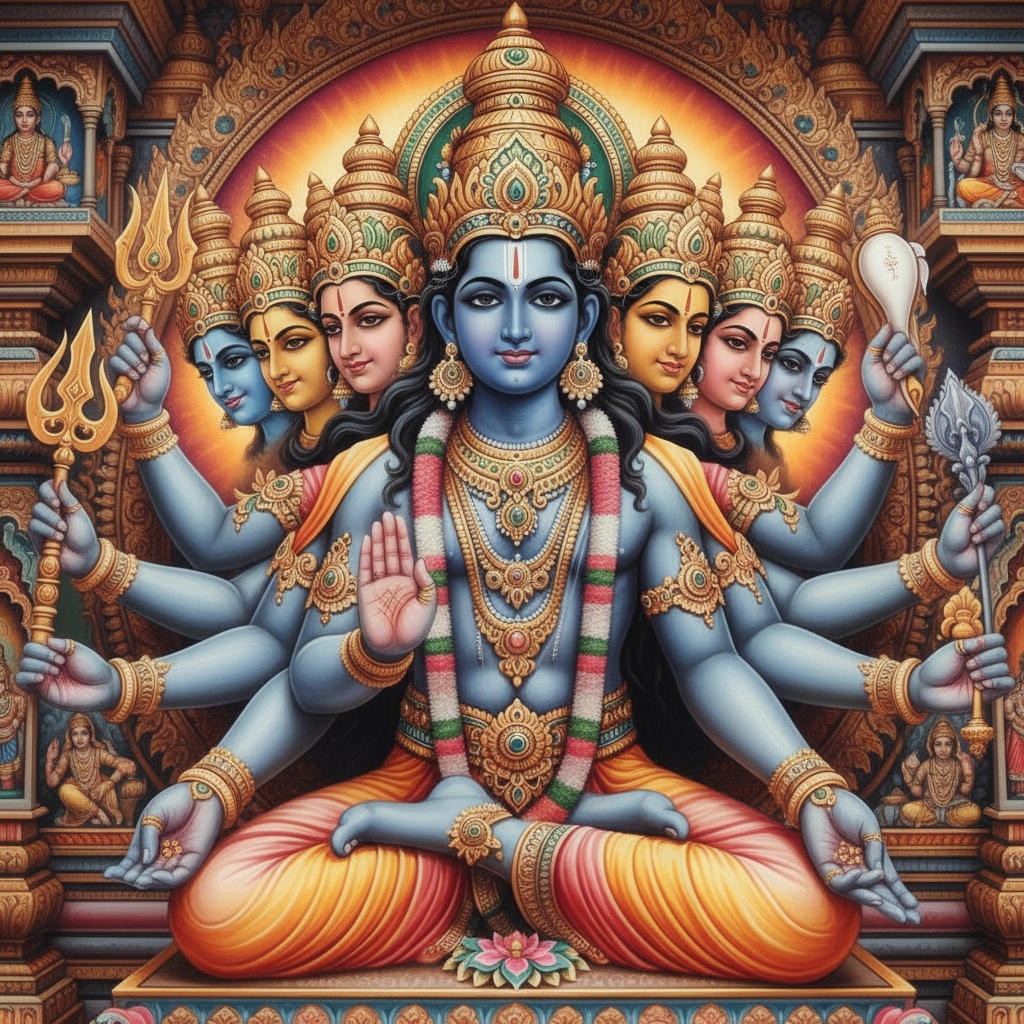 Hindu god name generator - divine Vishnu deity with blue skin five faces multiple arms golden crown holding trishul and conch in lotus pose before ornate temple for Indian mythology fantasy RPG
