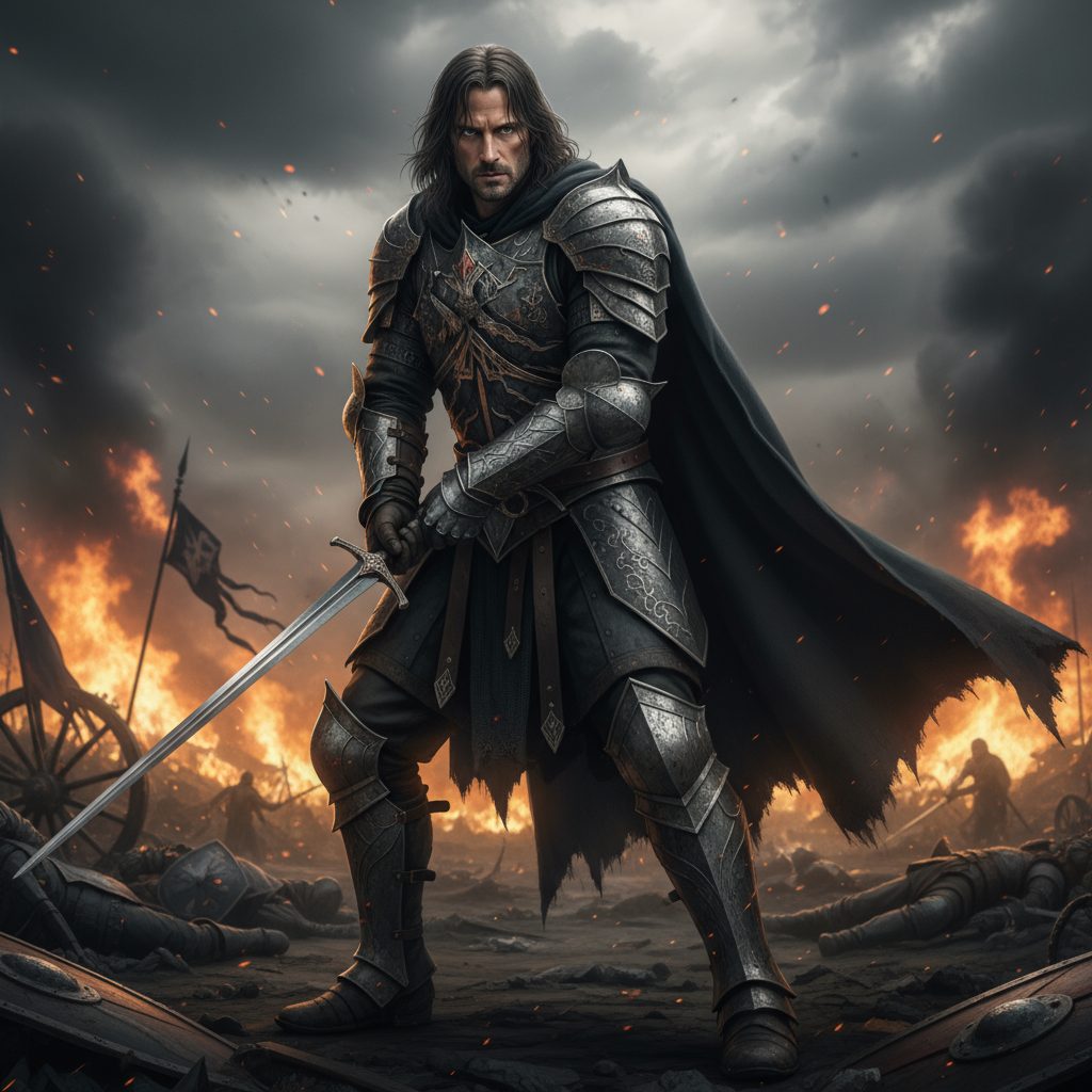 Dark knight human warrior in ornate black armor holding sword on burning battlefield with tattered cape and war banner - Human name generator for DnD and fantasy RPG characters