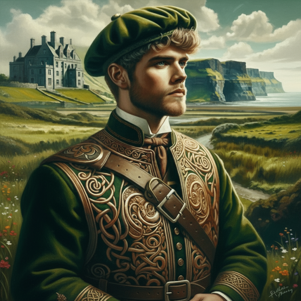 Irish Celtic warrior wearing green tunic with leather Celtic knotwork armor and beret standing near Cliffs of Moher and stone castle on green hills - Irish name generator for fantasy RPG characters