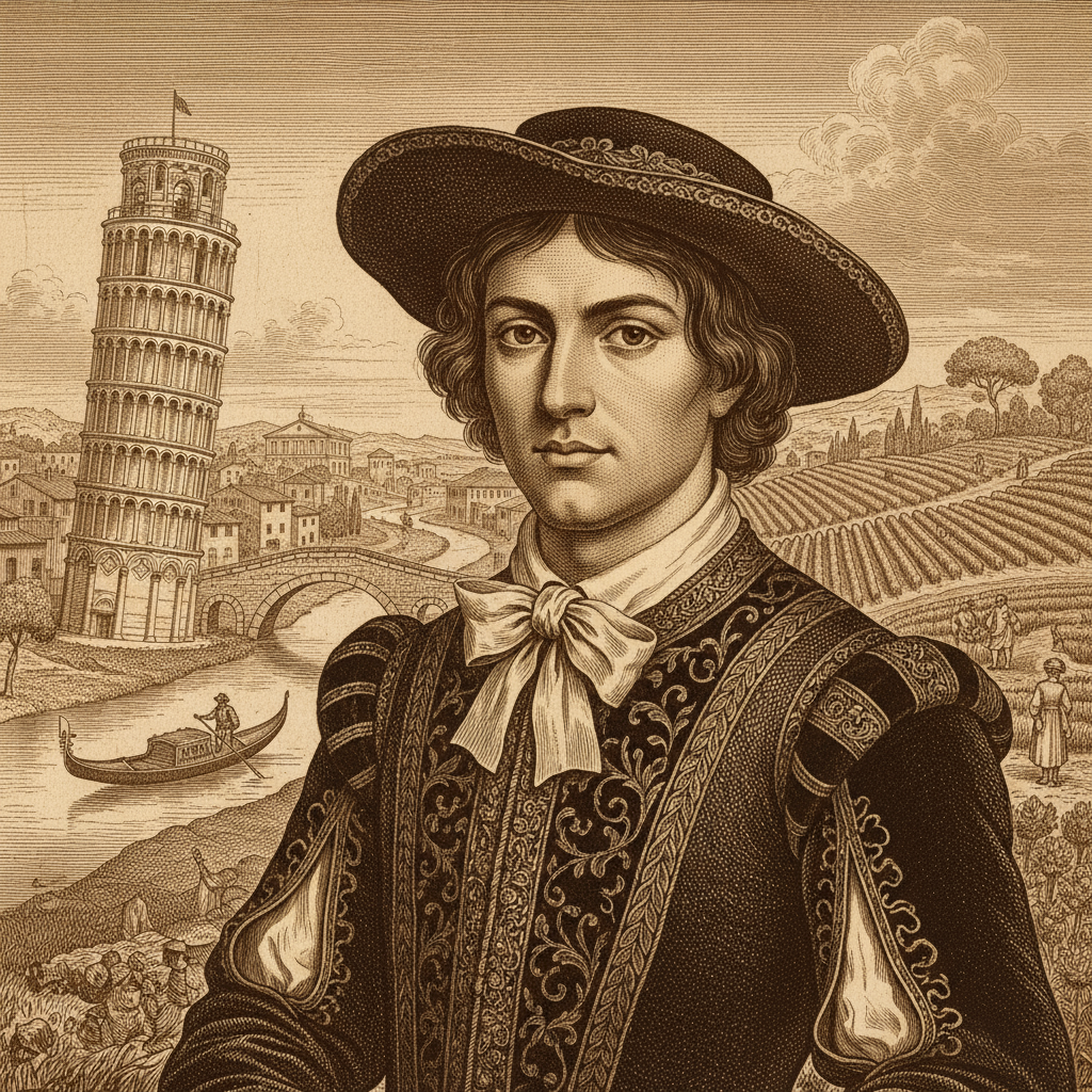 Italian Renaissance nobleman wearing embroidered doublet and wide-brimmed hat with Leaning Tower of Pisa gondola and Tuscan vineyard in sepia engraving style - Italian name generator for fantasy RPG characters