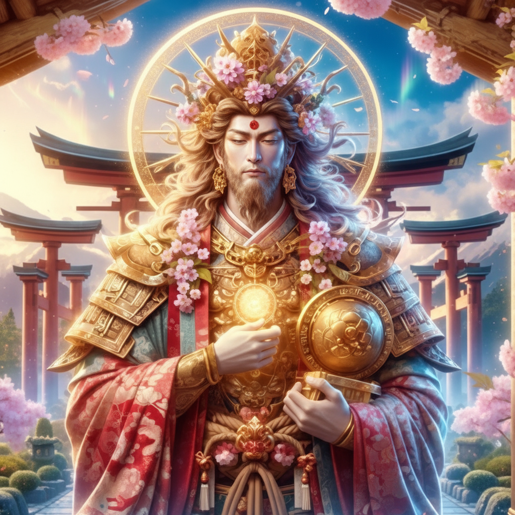 Japanese god name generator - majestic Shinto kami deity in golden ornate armor with sun halo holding glowing orb surrounded by torii gates and cherry blossoms for mythology fantasy RPG