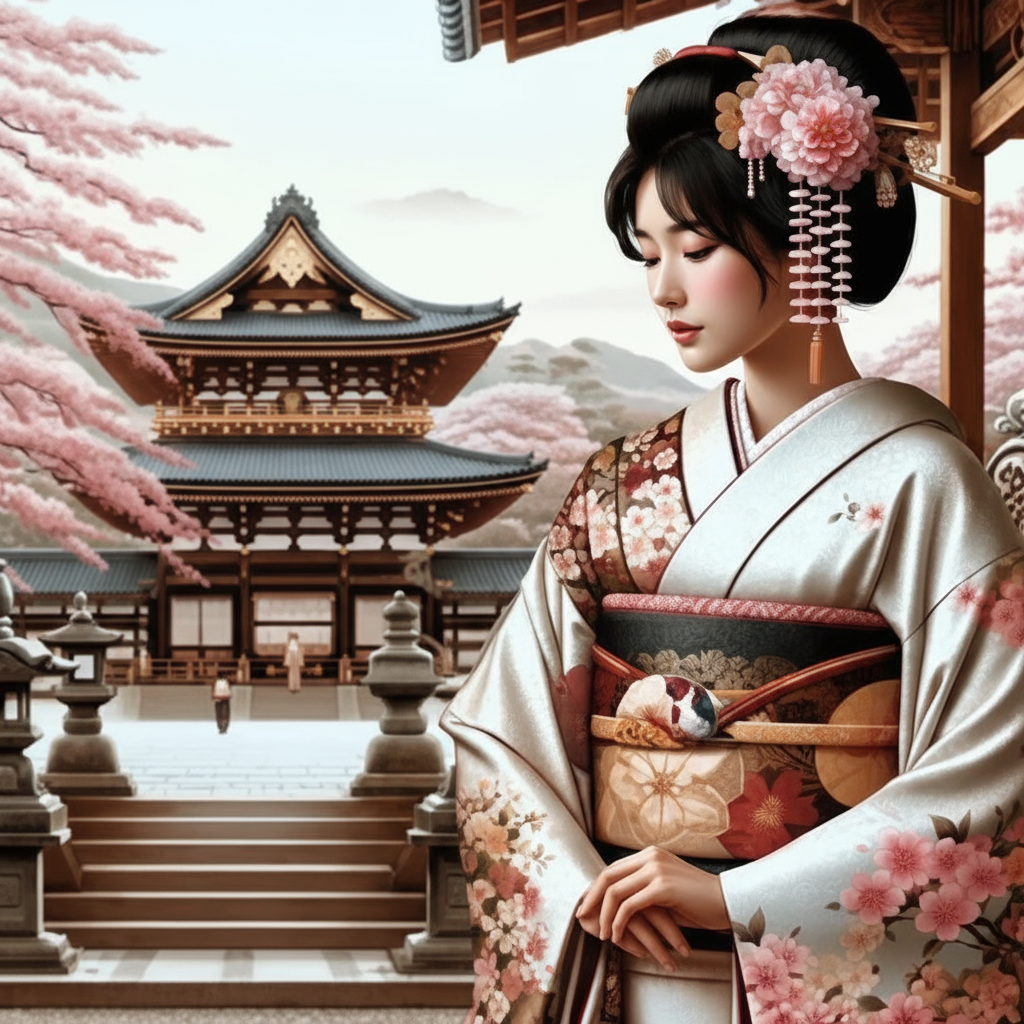 Japanese woman wearing traditional floral kimono with kanzashi hair ornaments standing near Shinto temple with cherry blossom sakura trees - Japanese name generator for fantasy RPG characters