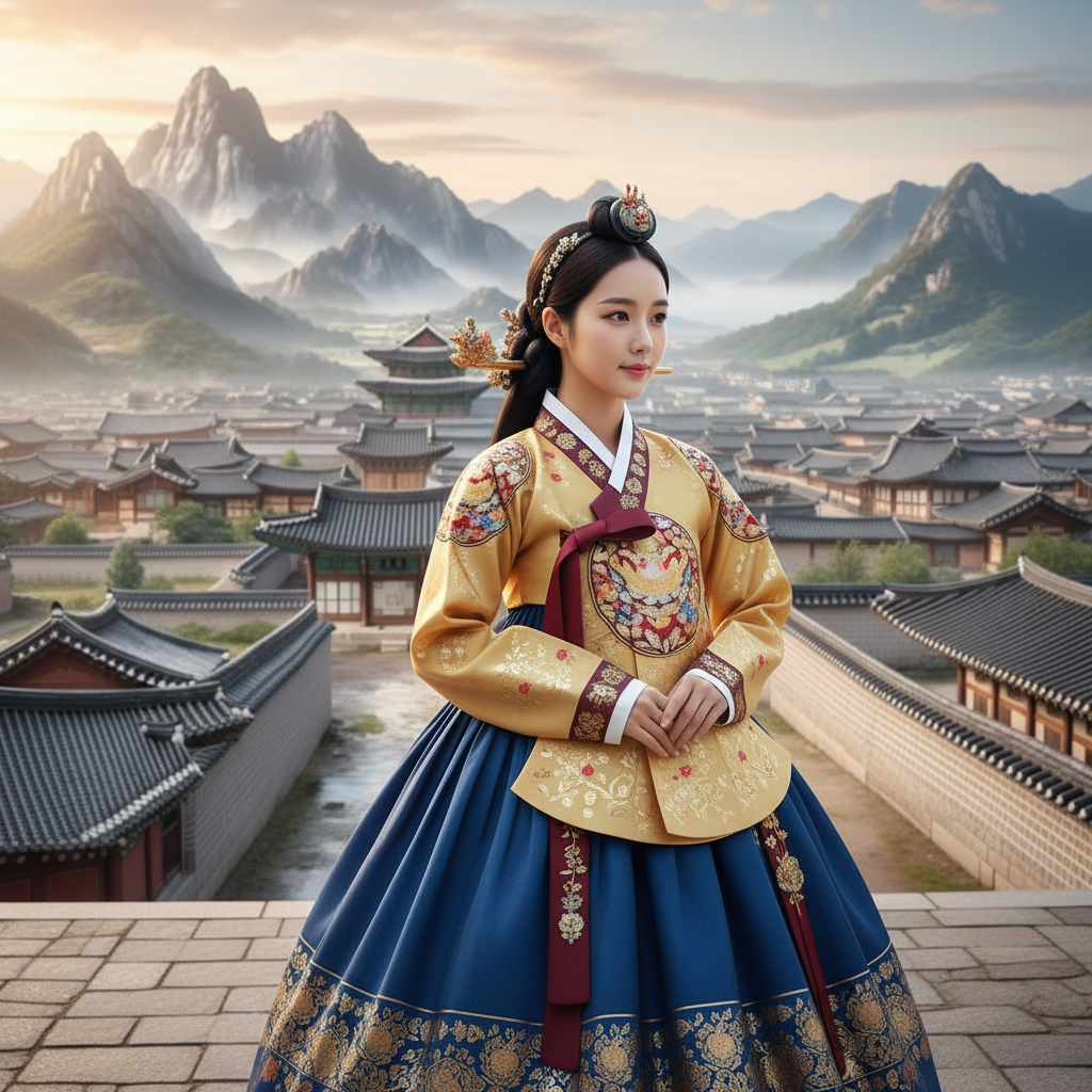 Korean woman wearing traditional hanbok dress with gold jeogori and blue chima skirt in front of Joseon dynasty village and mountains - Korean name generator for fantasy RPG characters