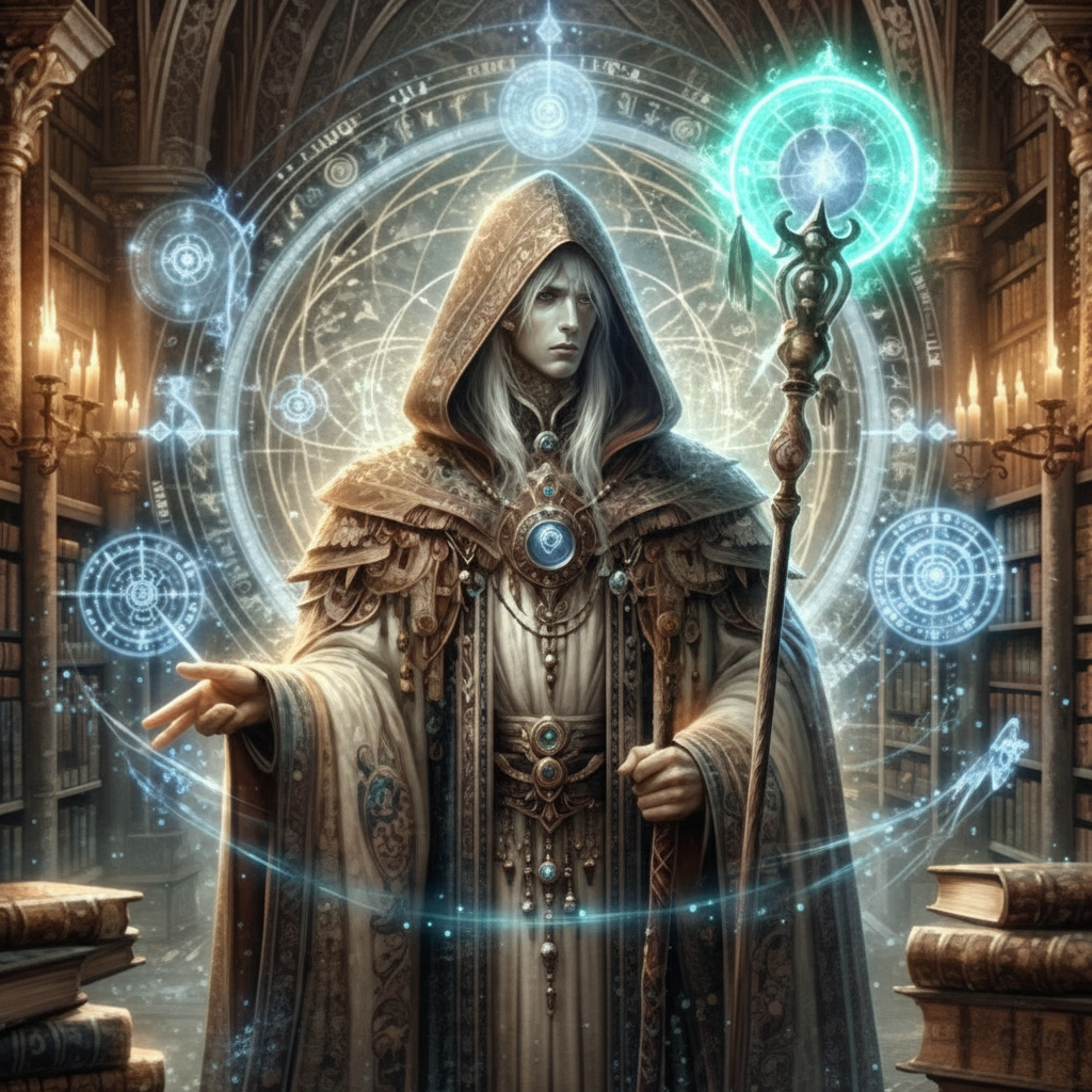 Hooded mage casting arcane spells with glowing staff in ancient library - fantasy mage name generator inspiration