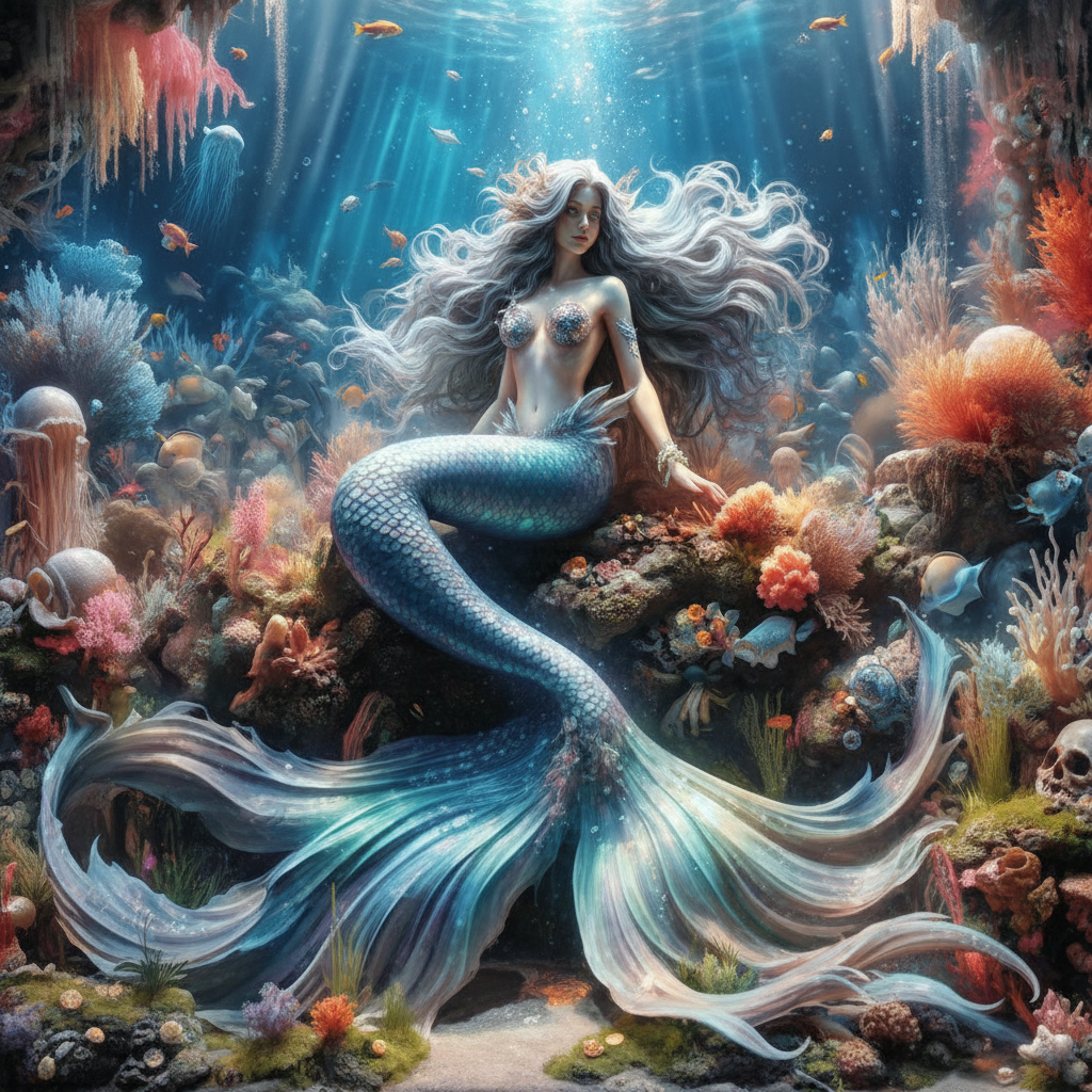 Mermaid name generator - beautiful mermaid with silver hair, blue iridescent tail, shell top on coral reef with tropical fish for DnD fantasy RPG