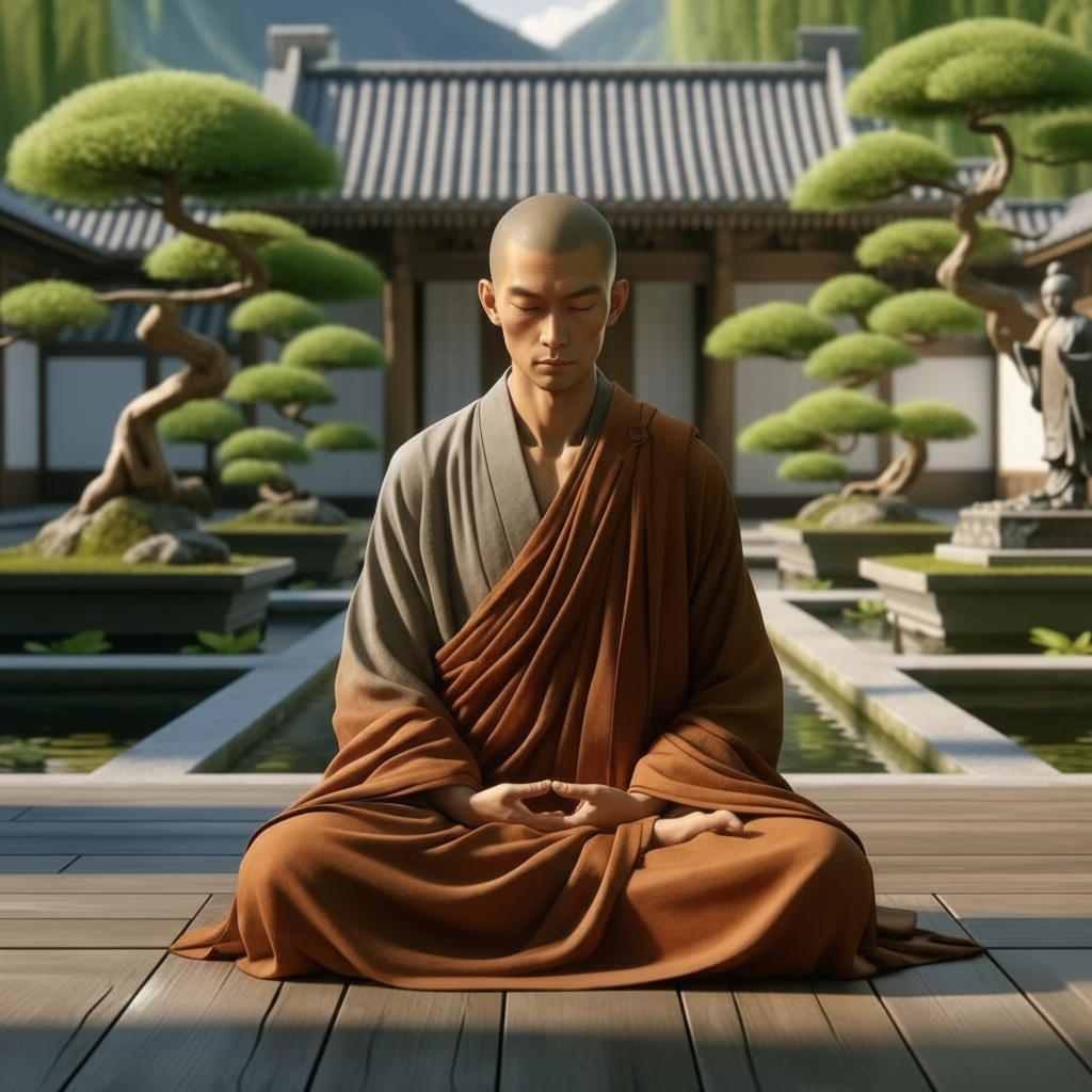 Buddhist monk meditating in lotus position at serene temple courtyard with bonsai trees - DnD monk name generator inspiration
