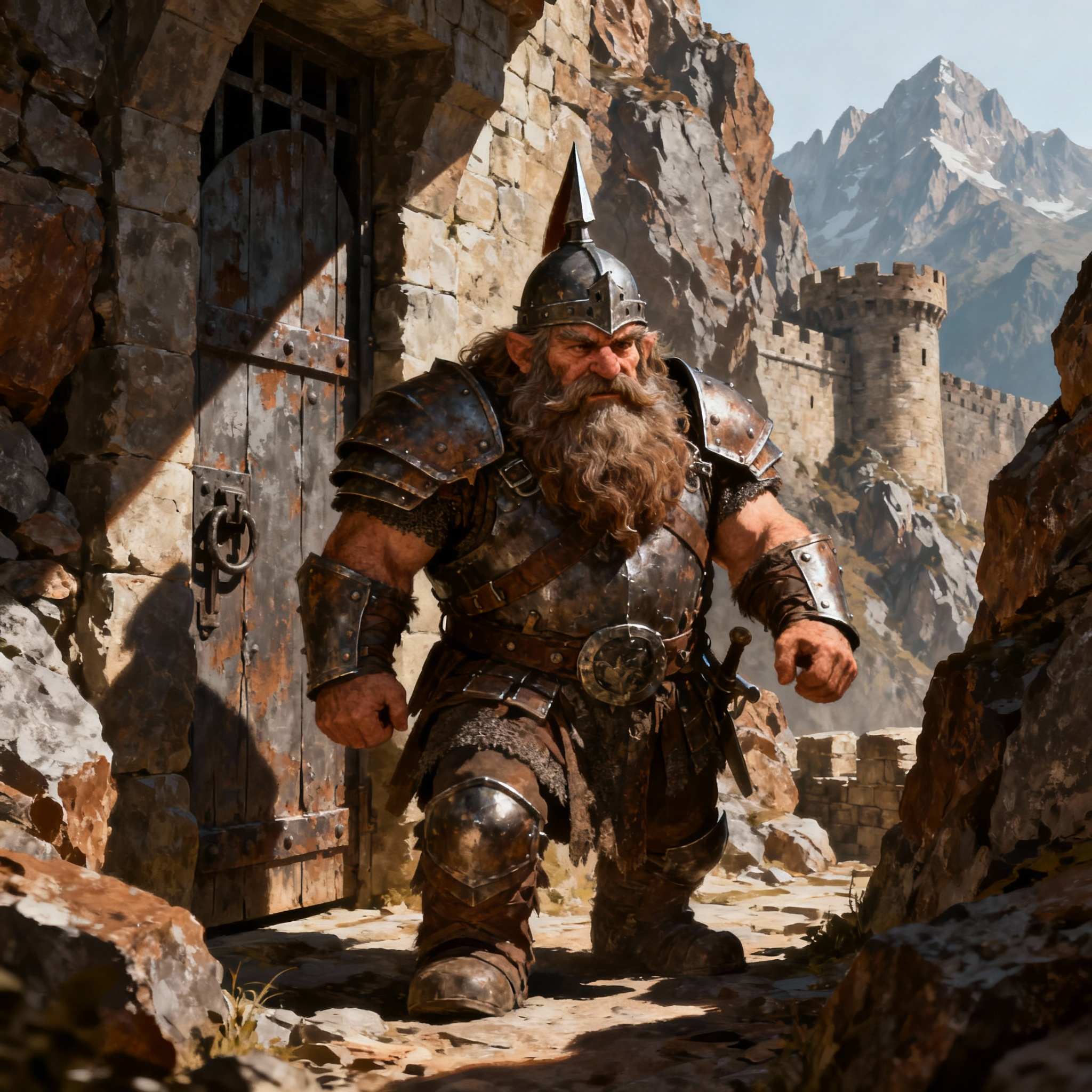 Mountain dwarf warrior in heavy plate armor with spiked helmet and thick beard at stone fortress gate with snowy mountain peaks - Mountain dwarf name generator for DnD and fantasy RPG